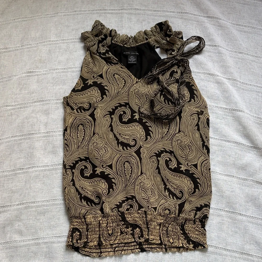 Elena Solano Paisley Silk Chiffon Sleeveless Blouse With Smocked Waist